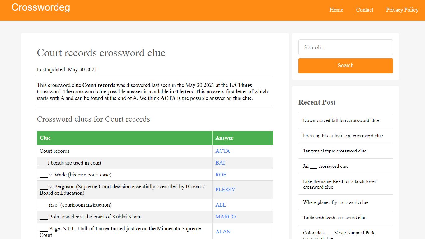Court records Crossword Clue Answers, Crossword Solver