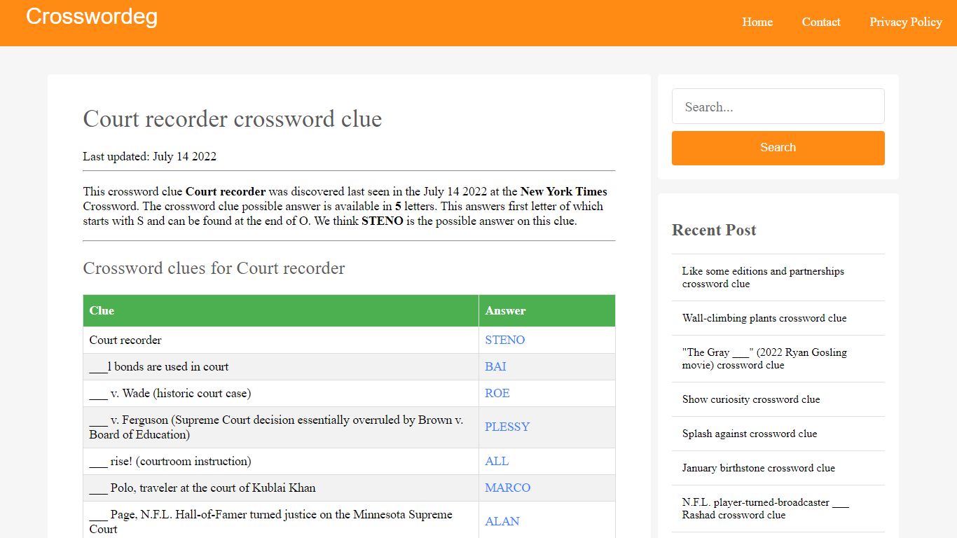 Court recorder Crossword Clue Answers, Crossword Solver