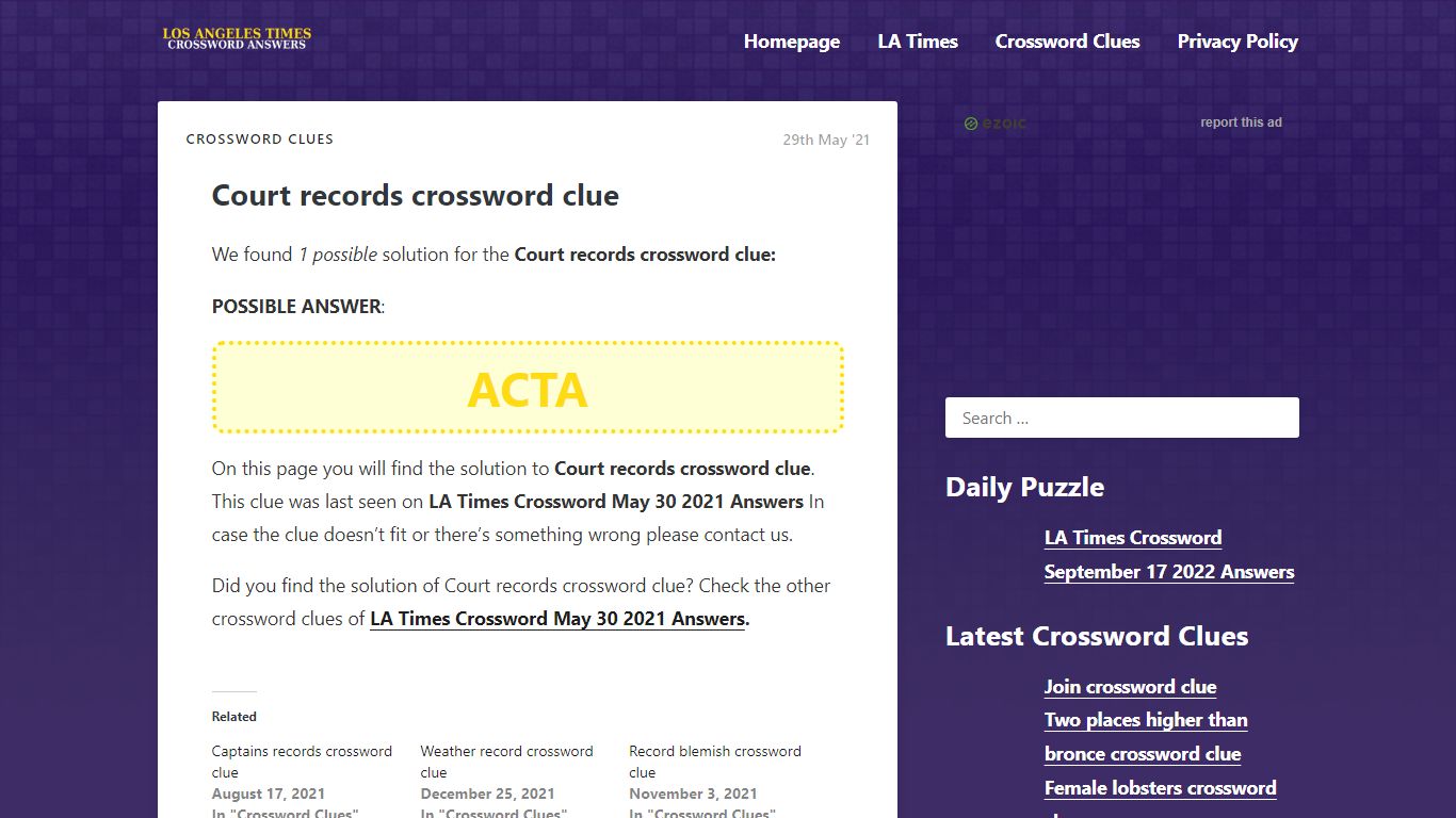Court records crossword clue - LATCrosswordAnswers.com